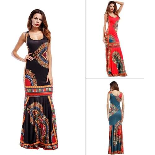 Summer Women Africa print Long Dress Fashion Sexy O Neck Sleeveless Bodycon Evening Party Dresses Ladies Beach Holiday Dress