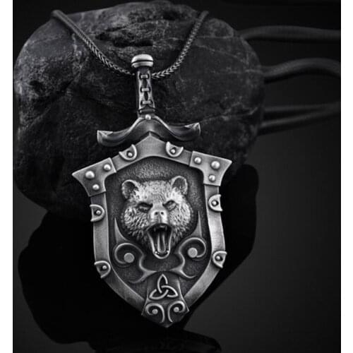 Hot Selling Brown Bear Shield Pendant Necklace Men Punk Style Pure Tin Jewelry on the neck Hip Hop Man chain necklace