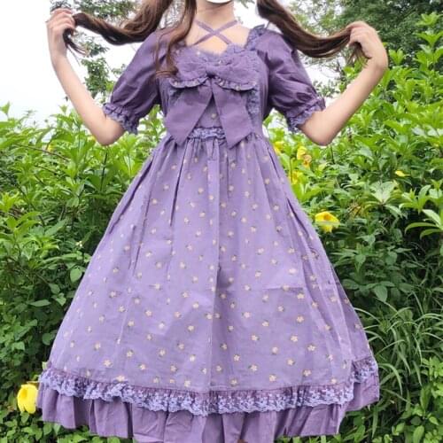 Japanese-Style Sweet Lace-Edge Square Collar Lace-up Bow Floral High-Waist Puff Sleeve Ruffled Dress Female Summer lolita dress