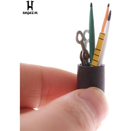 Dollhouse Miniature Pen Cup Holder With Pencil Ruler Scissor For Doll House Decoration