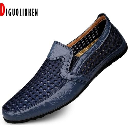New Summer Men Casual Shoes Breathable Split Leather and Mesh Loafers Soft Flats Sandals Handmade Male Driving Shoes Large Size