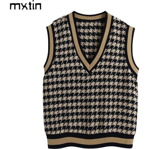 MXTIN 2021 Women Vintage Knitted Vest Sweater V Neck Sleeveless Houndstooth Female Waistcoat Chic Casual Tops Clothes