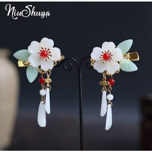 NiuShuya Retro Chinese Hanfu Hairpins Waterdrop Tassel Hairclip Flowers Headpiece Kids Girls Hair Jewelry Accessories