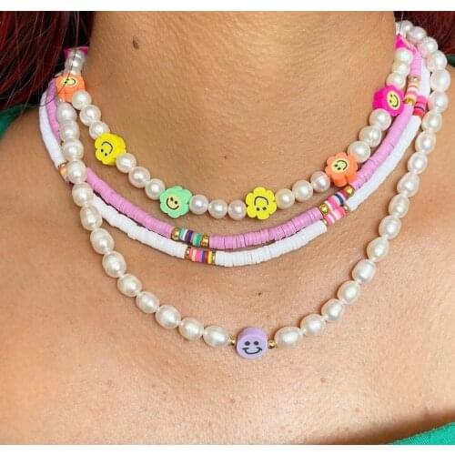 New design colorful happy face charms freshwater pearls necklace for women fashion jewelry