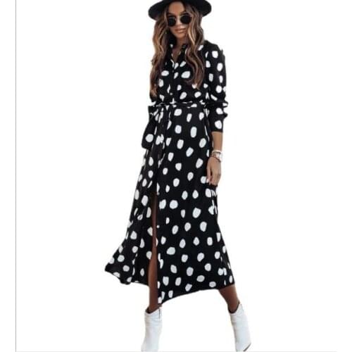 Spring new sleeve tie button print shirt dress long skirt