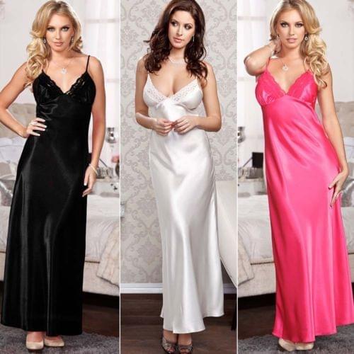 Sexy Women Silk Lace Nightgowns Ladies Spaghetti Strap Backless Slim Nightdress Solid Color Female Ankle-Length Sleepwear