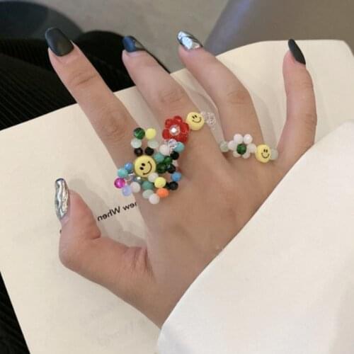 U-Magical Korean Grass Beaded Smile Face Ring for Women Sweet Cute Multi Designs Grass Flower Index Finger Hollow Ring Jewellery