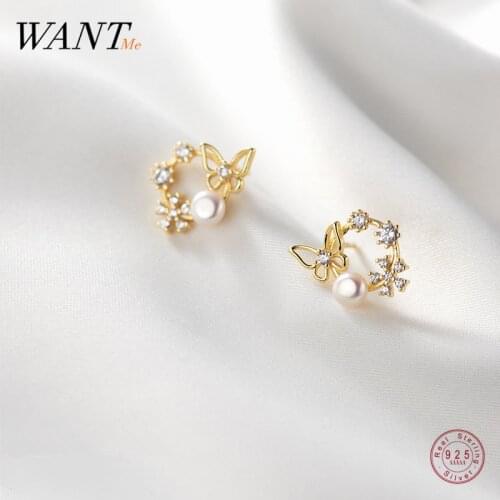WANTME 925 Sterling Silver Korean Romantic Hollow Butterfly Pearl White Zircon Stud Earrings for Women Charms Party Jewelry Gift