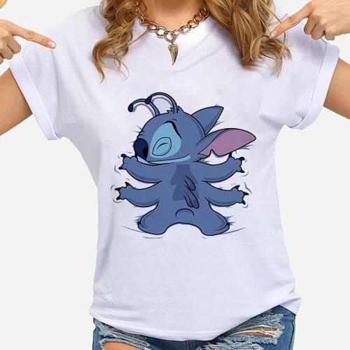 Disney Womens T-shirts Lilo & Stitch Kawaii print Top Female T-shirt Harajuku Lovely Cartoon Clothing casual Ladies Tops Shirts