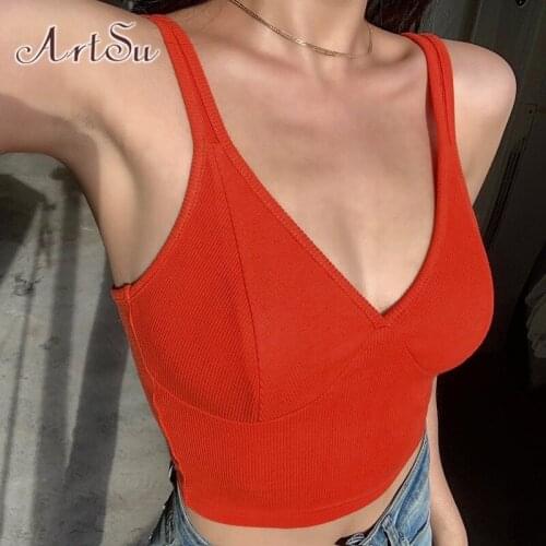 ArtSu Deep V-Neck Sleeveless Camisole Women Orange Slim Elastic Fashion Summer 2020 Tank Tops Female Cropped Top Cotton VE52405