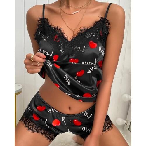 Red Black Lace Body Suits Women Erotic Lingerie Halter Heart Print Contrast Lace Cami Sets
