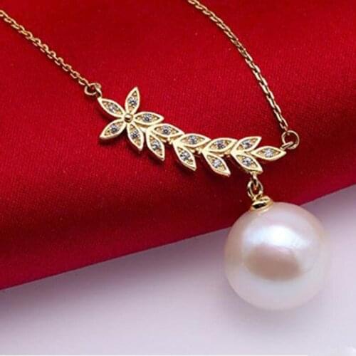 Pearl Pendant Necklace 12mm White Freshwater Cultured Leaves Plant Pearl Pendant Necklaces for women 18"