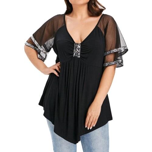 Plus Size Loose Blouses Women Tops Asymmetric Street Wear Mesh Sleeves Sequined Tee Shirt Short Sleeved Tunic 3XL 4XL 5XL A50