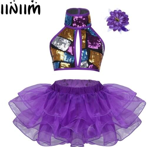 Iiniim Girls Tutu Dance Costumes Ballroom Dance Sequins Crop Top with Skirts Hair Clip Gymnastics Leotard Ballet Jazz Dancewear