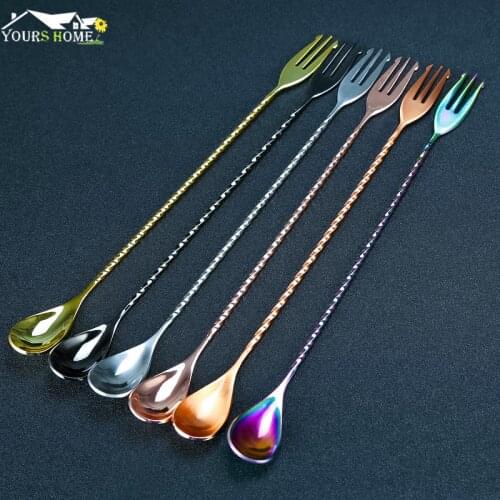 Cocktail Spoon Bar Spoon Stainless Steel Mixing Spiral Pattern Bar Tool Bartender Tools Barware Spoon With Fork