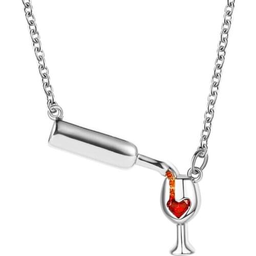 Creative Winebottle Goblet Bling Red Rhinestone Heart Shape Golden Rose Gold White Alloy Pendants Fashion Necklace For Women