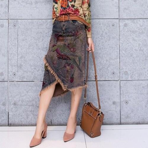 Fashion Brand Diamond Jeans Skirt Chic Irregular Tassel Stretch Slim Printed Denim Skirts Womens Elegant Office Work Midi Skirt