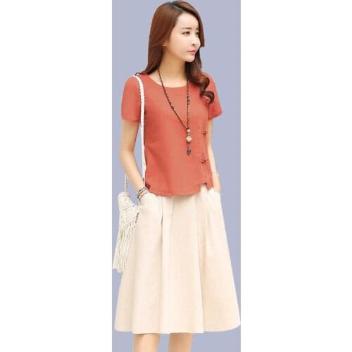 2021 New Female Cotton Linen Fashion Suit Skirt Womens Summer Short-Sleeved Round Neck Two-Piece Mid-Length T-Shirt Skirts Set
