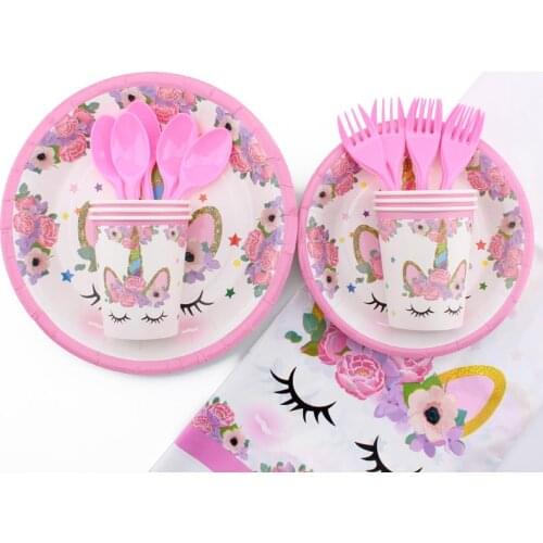 175pcs Unicorn Theme Party Disposable Tableware Party Birthday Child Decoration Cup Plate Napkin Fork Spoon Party Supplies Offer