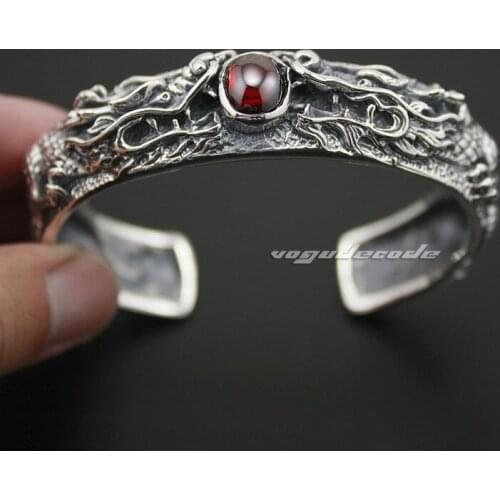 Huge Heavy 925 Sterling Silver Dragon Bangle Red CZ Bracelet 9A001