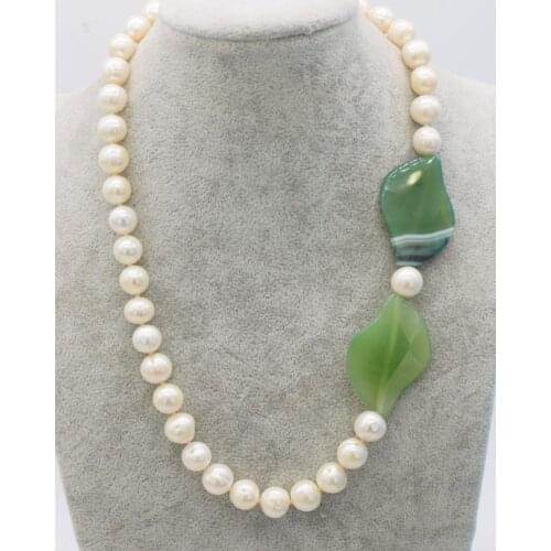Freshwater pearl near round 10-11mm and green agate flat necklace nature FPPJ wholesale beads 19inch