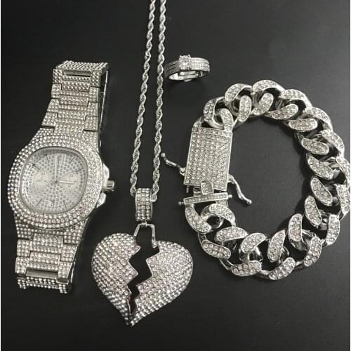 Luxury Men Silver Color Watch Hip Hop Necklace & Watch & Braclete & Ring Combo Set Ice Out Cuban Men Top Brand Hip Hop For Men