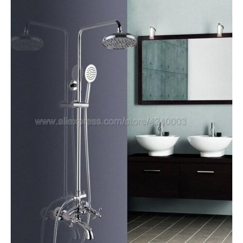 Luxury Chrome Finish Bathroom Shower Mixer Taps Wall 8" Rainfall Bath Shower Faucet Set W/ Handshower Tub Spout Kcy358
