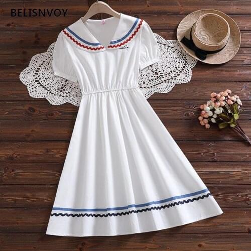 Japanese Summer Women Collage Style Dress Sailor Collar White Blue High Waist Elegant Dress Short Sleeve Kawaii Striped Dress