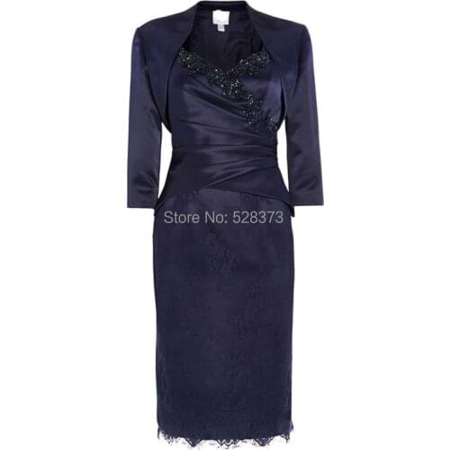 YNQNFS MD6 Real Photos Lace Knee Length Short Mermaid Navy Blue Mother of the Bride/Groom Dresses with Jacket Outfit