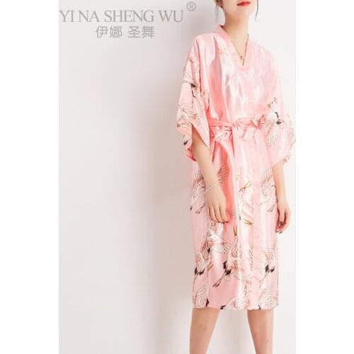 Women Nightgown Chinese Style Crane Print Half Sleeve Kimono Bathrobe Bride Bridesmaid Wedding Long Robe Homewears Wedding Robes