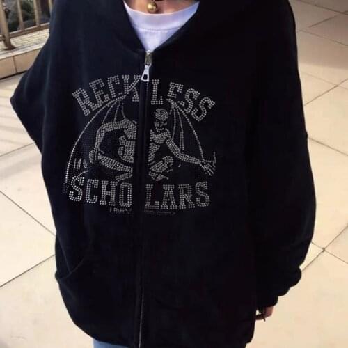 Womens Sweatshirts Gothic Cardigan Reckless Scholars Oversized Zip Up Hoodie Rhinestone Streetwear Long Sleeve Gothic Clothes