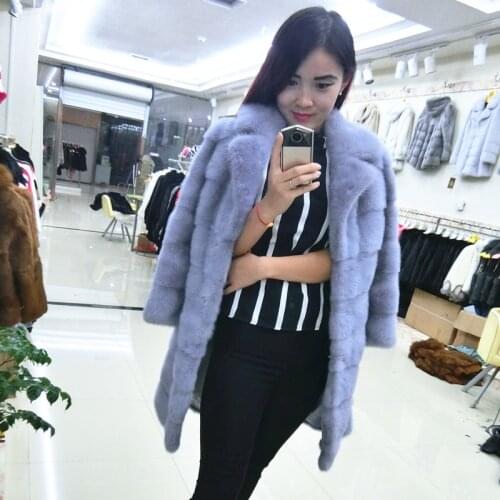 Women real mink fur coat full pelt overcoat female long section slim fur warm outerwear suit collar