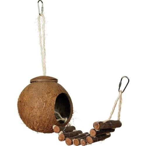 2 Type Cute Comfortable Design Natural Coconut Shell Bird Nesting House Small Size Pet Parakeet Finche Sparrows Cage With Ladder