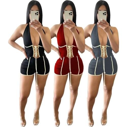 2021 Sexy Women Deep V-neck Bodycon Sleepwear Jumpsuit Bodysuit Shorts Romper Bodysuit Leotard Sleeveless Print