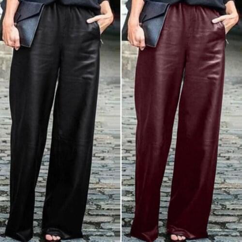 Womens Wide Leg Trousers ZANZEA 2021 Fashion PU Leather Pants Casual Long Pantalon Female Elastic Waist Black Turnip Oversized