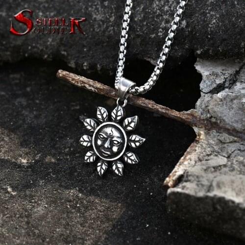 Stainless Steel Sun Flower Skull Pendant Chain Necklace men Jewelry