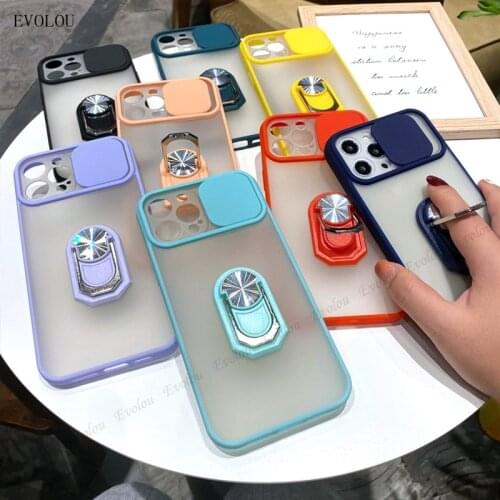 Translucent Ring Stand Case For Iphone 12 Pro Max 11 7 8 Plus Xr Xs Max 6G SE 2020 Slide Camera Lens Protective Matte Back Cover
