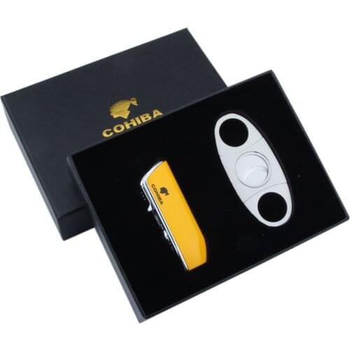 COHIBA JET FLAME Cigarette Lighter and Double Steel Head Cigar Cutter Best Cigarette Cigar Suit With a Gift Box
