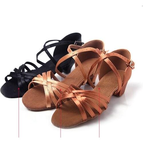Child Latin Dance Shoes Low Heel 1.5inch Satin Ballroom salsa girls dance shoes in suede outsole use indoor Practise Latin Shoes