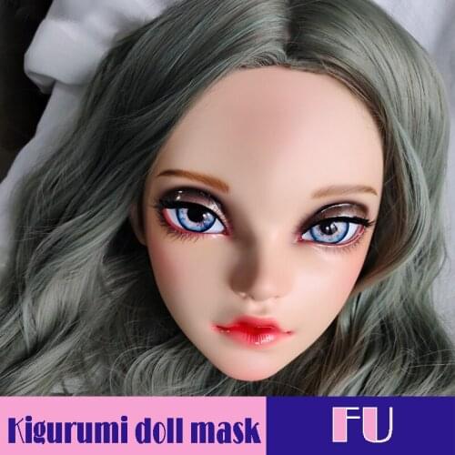 Fu-05)Female Sweet Girl Resin Half Head Kigurumi Mask With BJD Eyes Cosplay Japanese Anime Role Lolita Mask Crossdress Doll