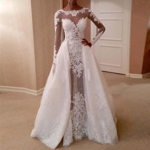 Custom Made Illusion Sheer Scoop Neckline Top Lace Sheath Long Sleeve Wedding Dresses With Detachable Train Wedding Gowns 2020