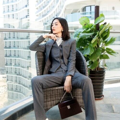 IZICFLY Fall Spring Office Uniform Elegant Business Pant Suit With Vest 3 Piece Suit Women Trouser Waistcoat And Blazer Set Gray