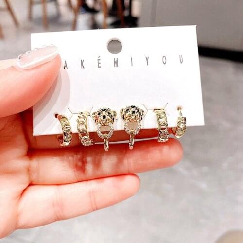 Mixed Style Cubic Zirconia Leopard Hoop Earrings Ear Cuff Gold Color Plated CZ Crystal Women Earrings Set