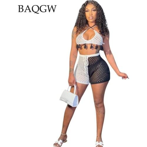 Contrast Color Swimsuit Women Mesh Hollow Out Tassel Halter Tops 2 Piece Set Suit 2021 Summer Beach Swimming Outfits Plus Size