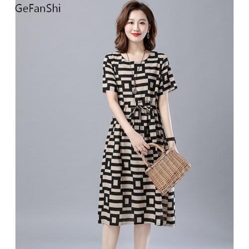 Summer Cotton Linen Short Sleeve Dress Print Vintage Casual Loose Elegant Women Dresses Lady Clothes M-XXL