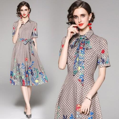 Summer Womens Fashion Wild Waist Was Thin High-End Plaid Printed Short Sleeve Mini Dress with Belt