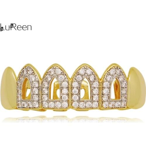 LuReen Hip Hop Gold Teeth Grillz Hollow Iced Out Top Bottom CZ Grills Tooth Caps Fashion Mouth Jewelry Gift