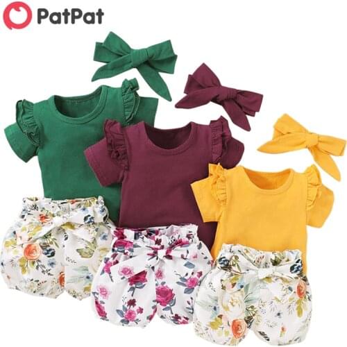 PatPat Solid Short-sleeve Top and Allover Shorts with Headband Set