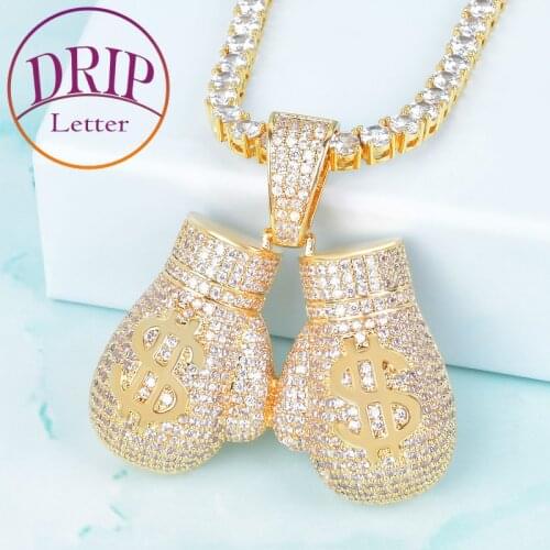 Dollor Symbol Boxing Gloves Pendant Necklace Mens Women Hip Hop Rock Jewelry