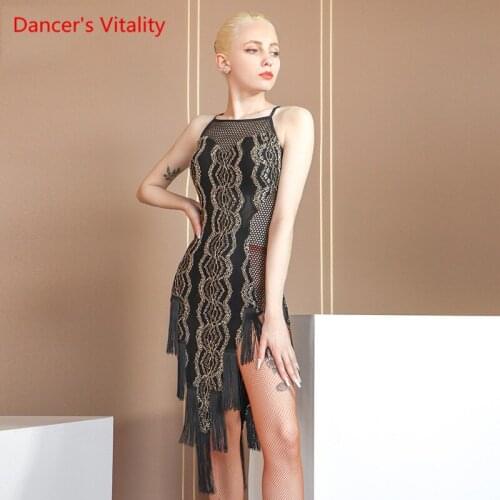 Latin dance dress female adult fashion net yarn tassel dance skirt professional competition dance wear training suit